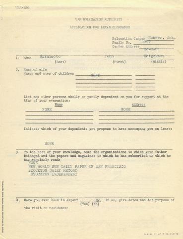 War Relocation Authority, application for leave clearance, c. 1943