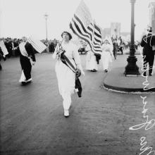 Grace Wilbur Trout leading parade, 1914